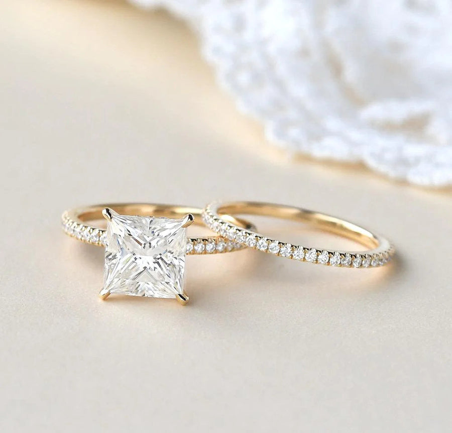 2pcs Solitaire Princess Cut Bridal Ring Set in Sterling Silver shine of diamond