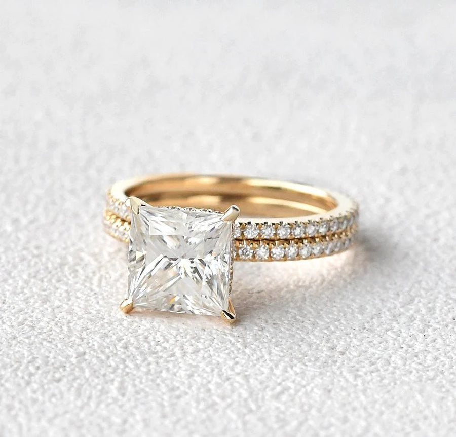 2pcs Solitaire Princess Cut Bridal Ring Set in Sterling Silver shine of diamond