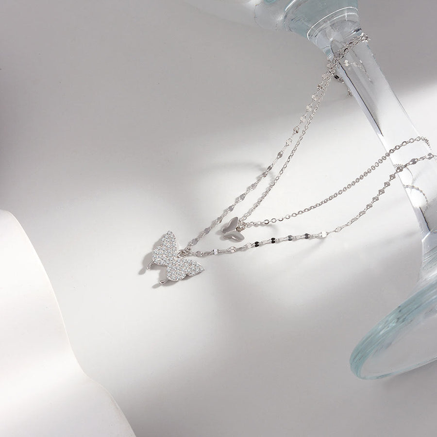 Butterfly Pendant Double Layer Necklace in Sterling Silver Shineofdiamond