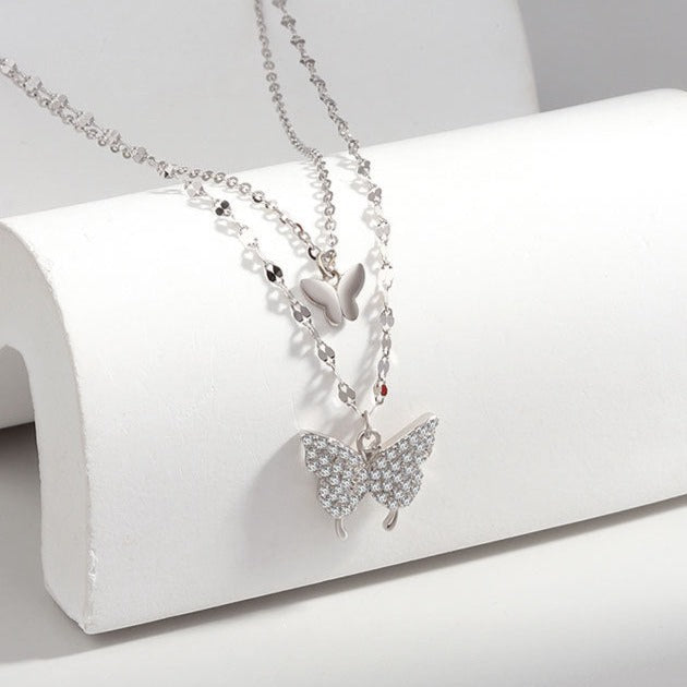 Butterfly Pendant Double Layer Necklace in Sterling Silver Shineofdiamond