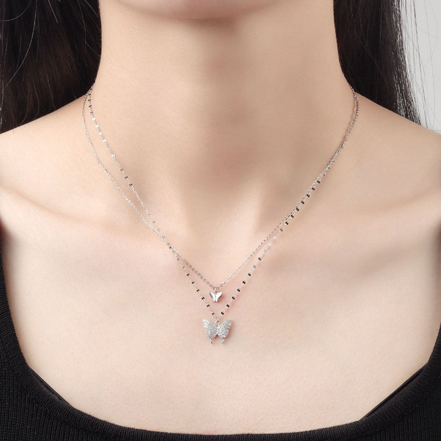 Butterfly Pendant Double Layer Necklace in Sterling Silver Shineofdiamond
