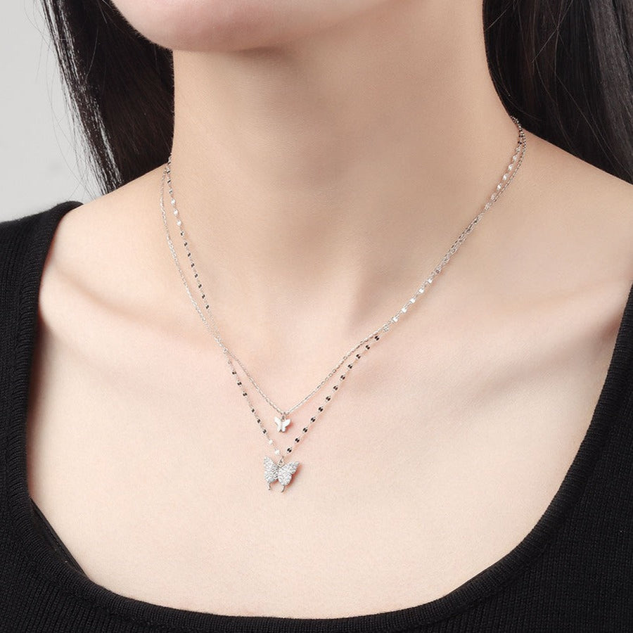 Butterfly Pendant Double Layer Necklace in Sterling Silver Shineofdiamond