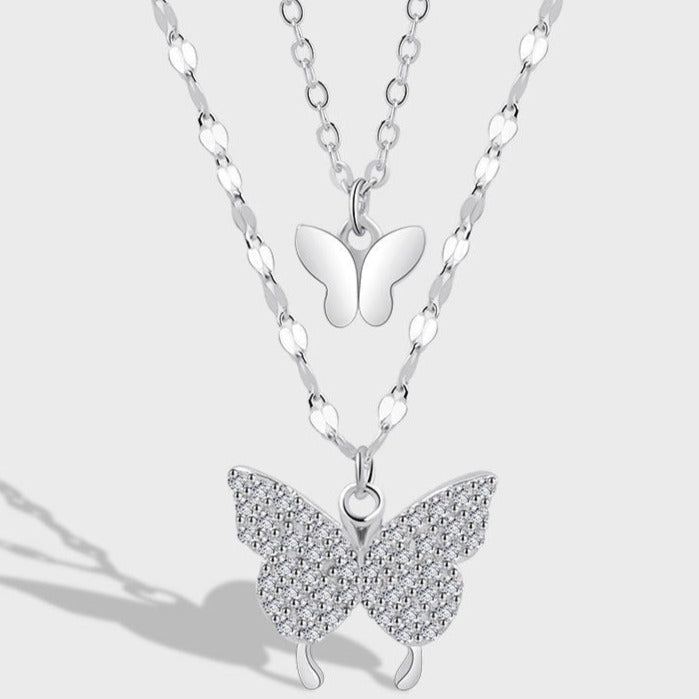 Butterfly Pendant Double Layer Necklace in Sterling Silver Shineofdiamond