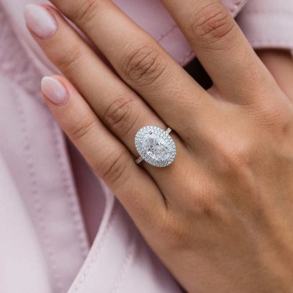 Double Halo Oval Cut Engagement Ring Anniversary Ring in Sterling Silver shineofdiamond