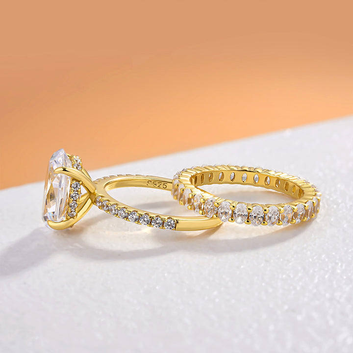 2PCS Gold Tone Oval Cut Bridal Set Rings In Sterling Silver Shineofdiamond