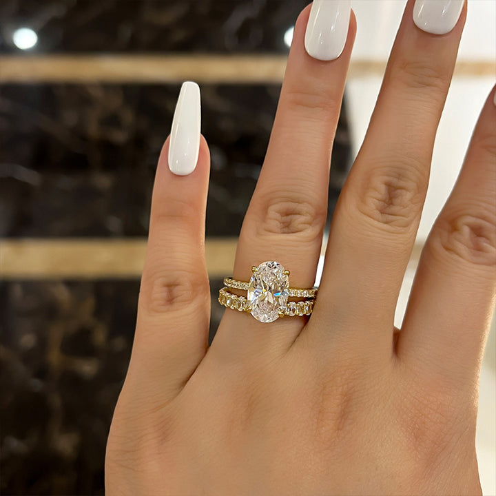2PCS Gold Tone Oval Cut Bridal Set Rings In Sterling Silver Shineofdiamond