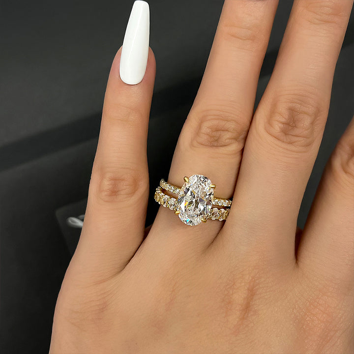 2PCS Gold Tone Oval Cut Bridal Set Rings In Sterling Silver Shineofdiamond