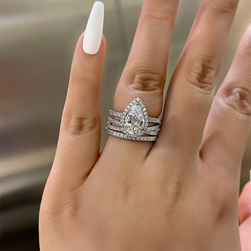 3PCS Halo Pear Cut Bridal Set Ring Sterling Silver Shineofdiamond