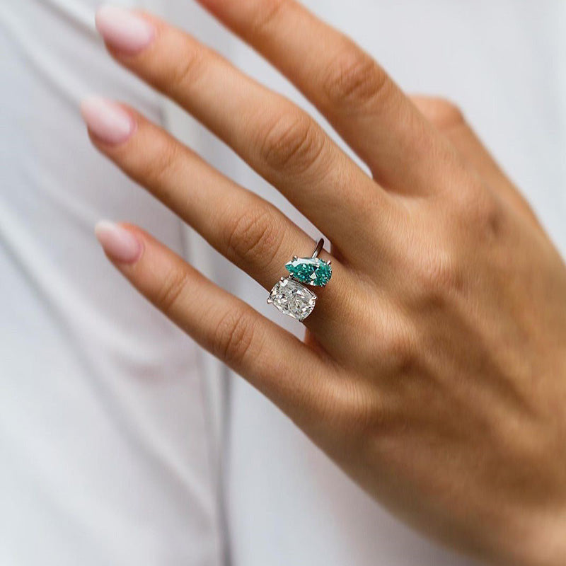 Two Stone Pear Cut & Cushion Cut Engagement Ring in Sterling Silver hot
