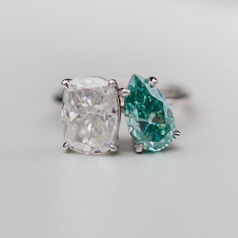 Two Stone Pear Cut & Cushion Cut Engagement Ring in Sterling Silver hot