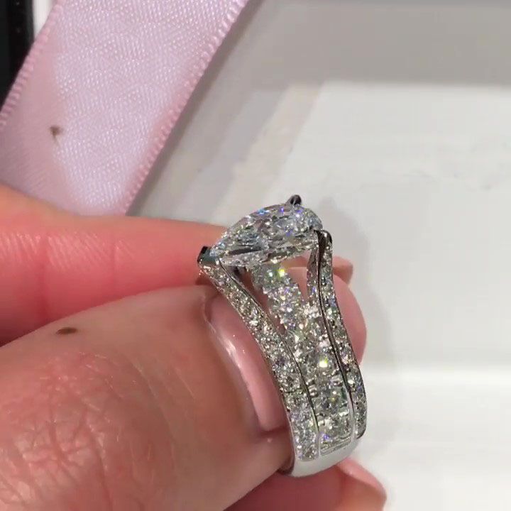 Pear Cut Split Shank Engagement Ring in Sterling Silver Shineofdiamond