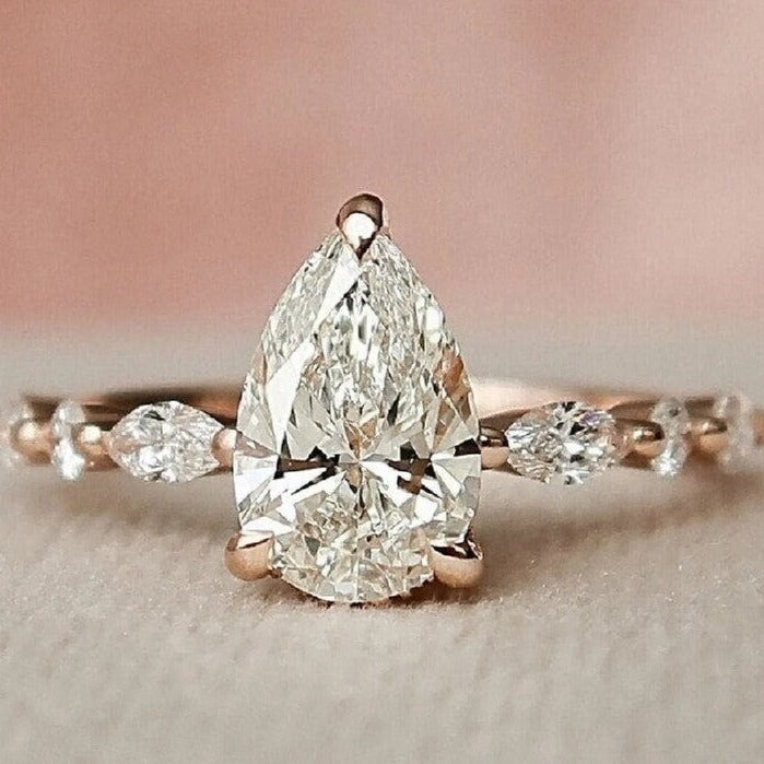 Solitaire Pear Cut with Marquise Cut Stone Engagement Ring in Sterling Silver Shineofidamond
