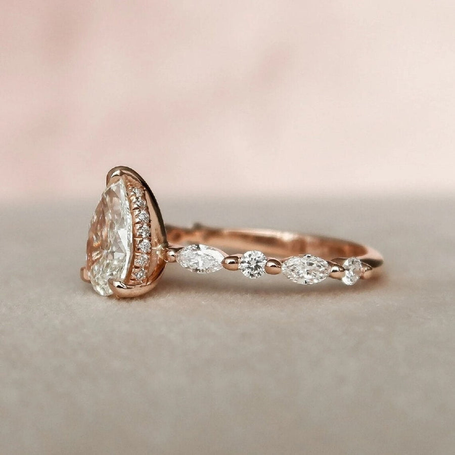 Solitaire Pear Cut with Marquise Cut Stone Engagement Ring in Sterling Silver Shineofidamond