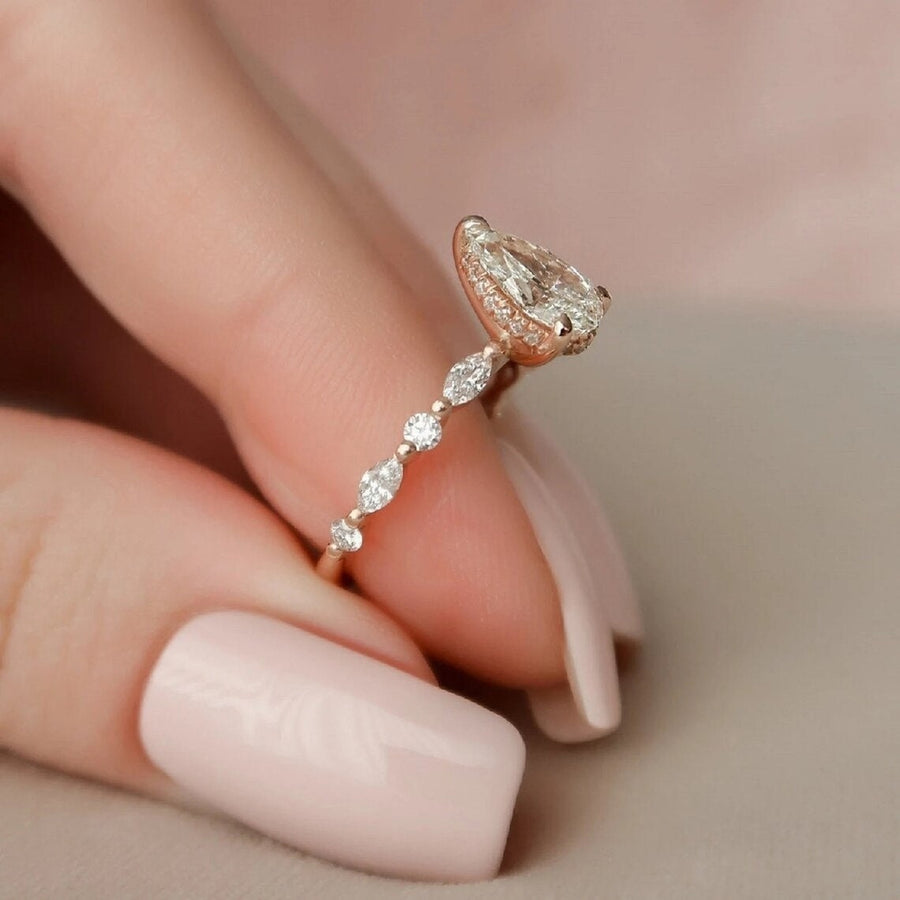Solitaire Pear Cut with Marquise Cut Stone Engagement Ring in Sterling Silver Shineofidamond