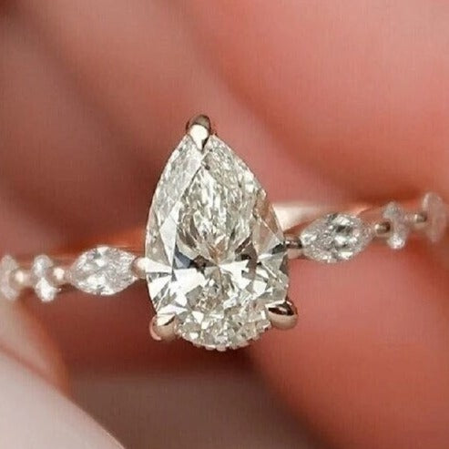 Solitaire Pear Cut with Marquise Cut Stone Engagement Ring in Sterling Silver Shineofidamond