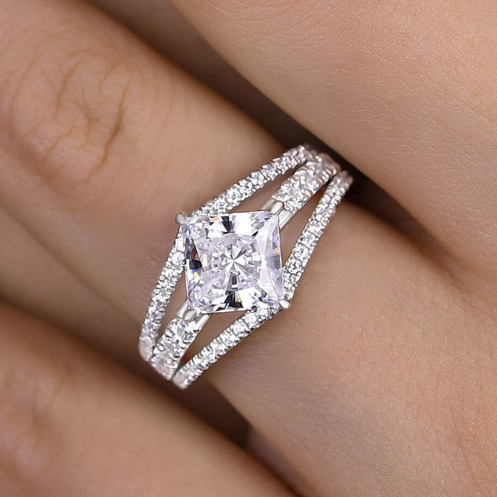 Sparkling Princess Cut Engagement Ring In Sterling Silver Shineofidamond