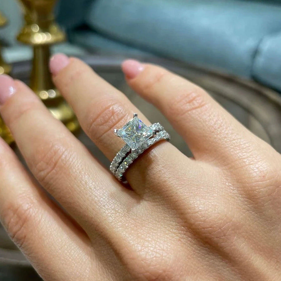 2pcs Solitaire Princess Cut Bridal Ring Set in Sterling Silver shine of diamond