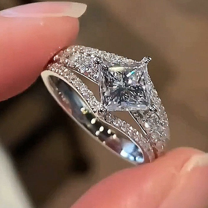 Sparkling Princess Cut Engagement Ring In Sterling Silver Shineofidamond