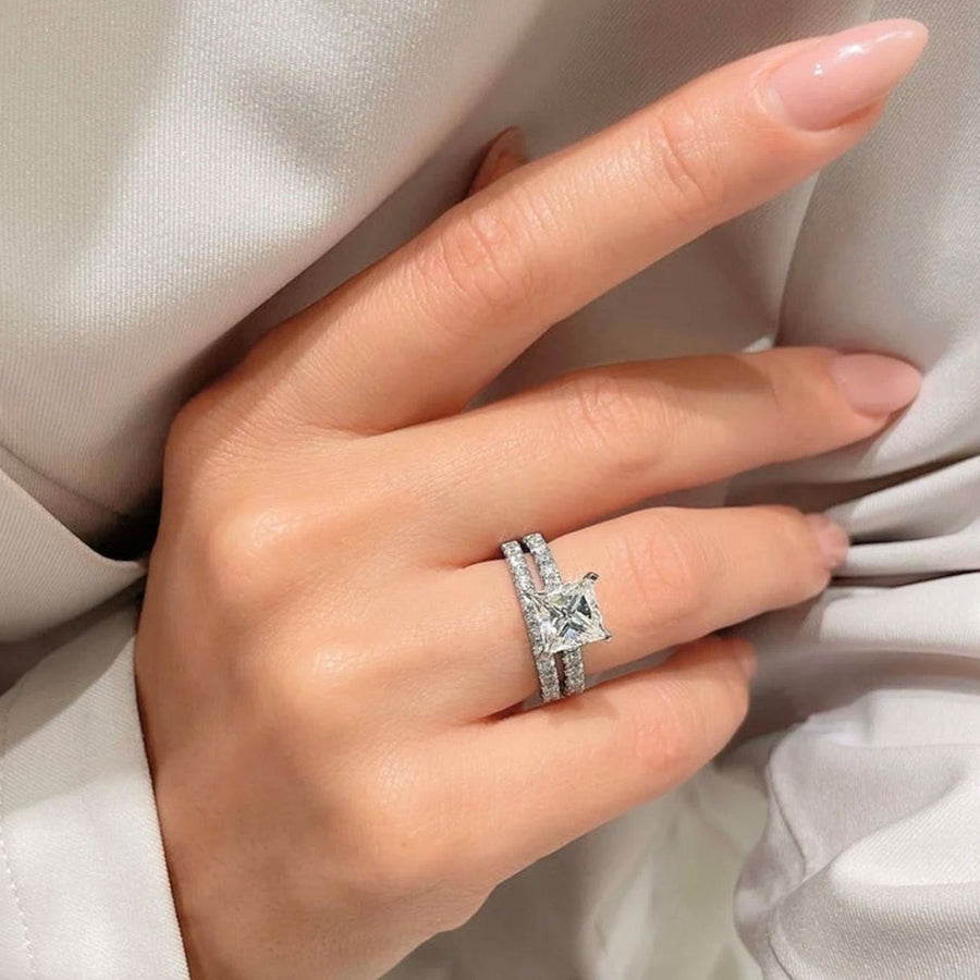 2pcs Solitaire Princess Cut Bridal Ring Set in Sterling Silver shine of diamond