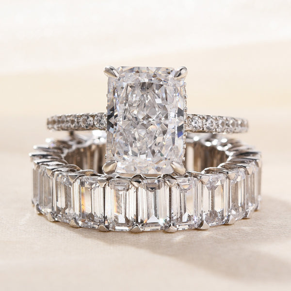 2PCS Radiant Cut with Emerald Cut Shank Wedding Ring Set in Sterling Silver Shineofdiamond