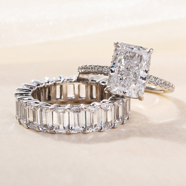 2PCS Radiant Cut with Emerald Cut Shank Wedding Ring Set in Sterling Silver Shineofdiamond