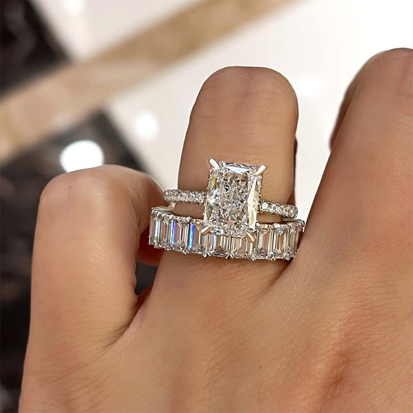 2PCS Radiant Cut with Emerald Cut Shank Wedding Ring Set in Sterling Silver Shineofdiamond