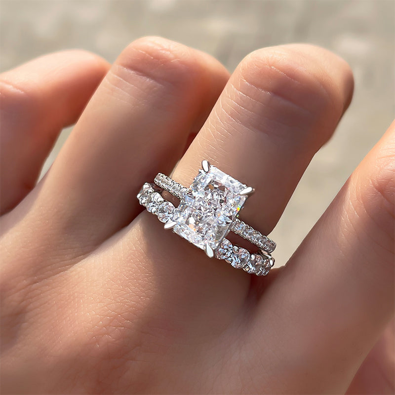 Solitaire Radiant Cut Bridal Set Rings with Round Cut Band In Sterling Silver shineofdiamond