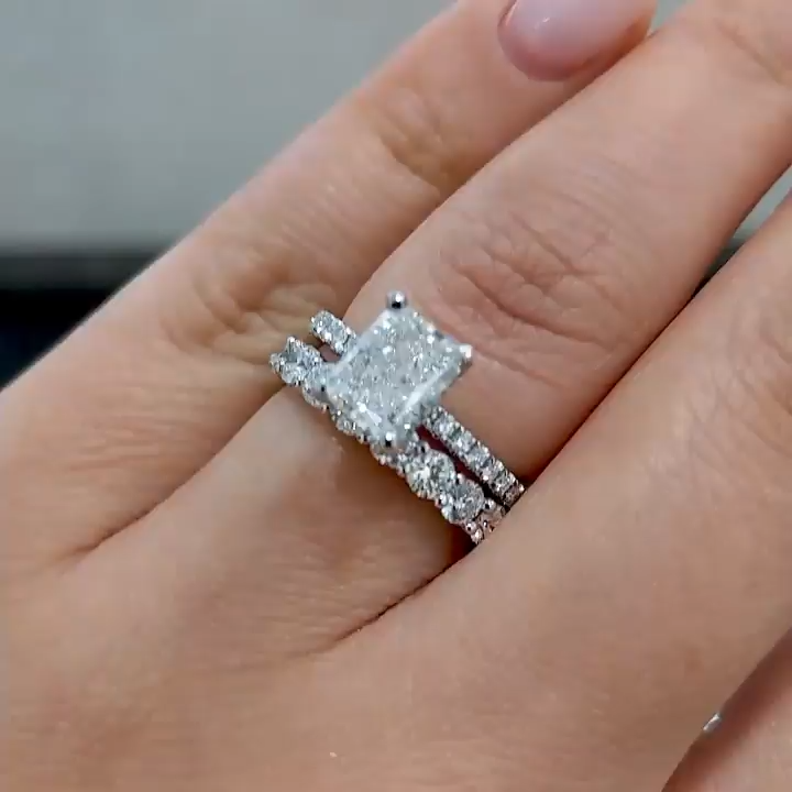 Solitaire Radiant Cut Bridal Set Rings with Round Cut Band In Sterling Silver shineofdiamond
