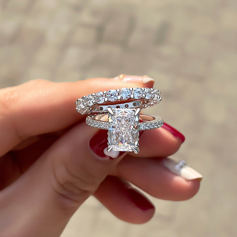 Solitaire Radiant Cut Bridal Set Rings with Round Cut Band In Sterling Silver shineofdiamond