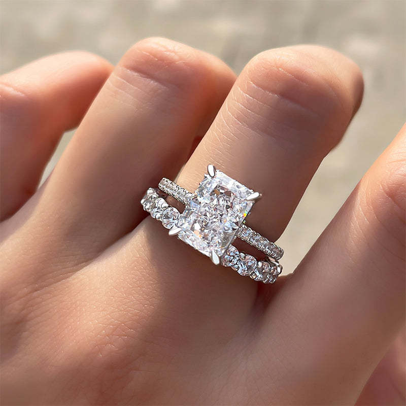 Solitaire Radiant Cut Bridal Set Rings with Round Cut Band In Sterling Silver shineofdiamond