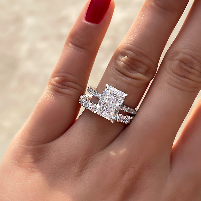 Solitaire Radiant Cut Bridal Set Rings with Round Cut Band In Sterling Silver shineofdiamond