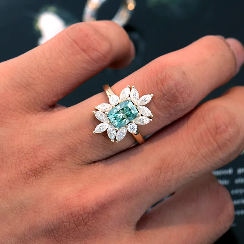 Blue Radiant Cut Engagement Ring in Sterling Silver with Marquise Cluster Side Stone Shineofdiamond