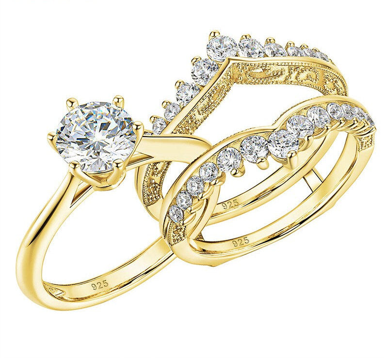 Luxury Round Cut Gold Wedding Ring Set Bridal Ring Set in Sterling Silver Shineofdiamond