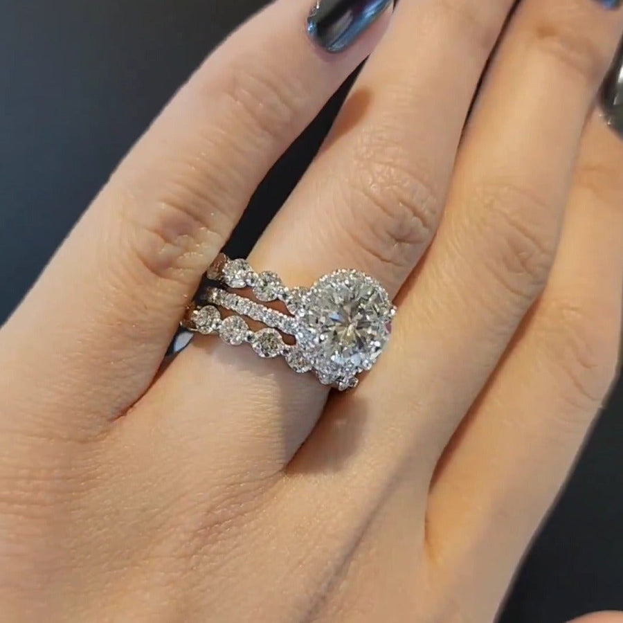 3pcs Halo Round Cut Bridal Set Ring in Sterling Silver Shineofdiamond