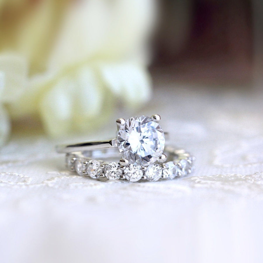 2pcs Solitaire Round Cut Wedding Ring Set Eternity Ring in Sterling Silver Shineofdiamond