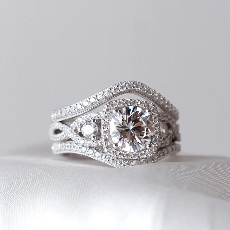 Exquisite Twisted Round Cut Halo Sterling Silver Bridal Sets Shineofdiamond