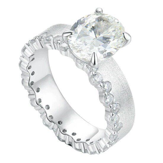 Elegant Textured Band & Side Stones Solitaire Oval Cut Sterling Silver Ring Shine of Diamond