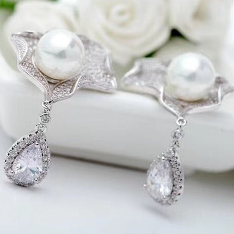 Elegant Pearl Shell Design Drop Earrings in Sterling Silver Shineofdiamond