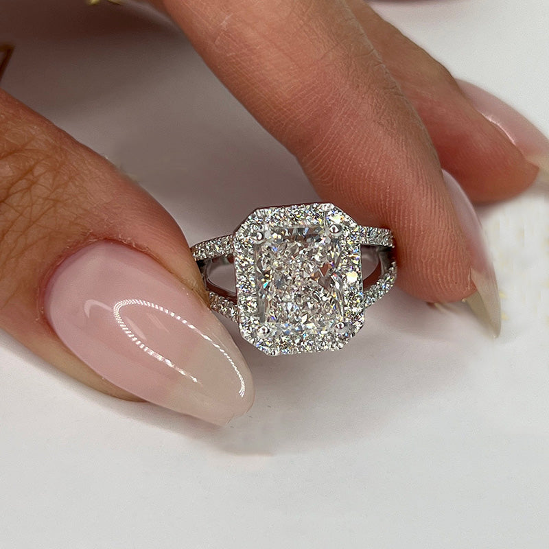 Split Shank Halo Radiant Cut Engagement Ring In Sterling Silver Shineofdiamond