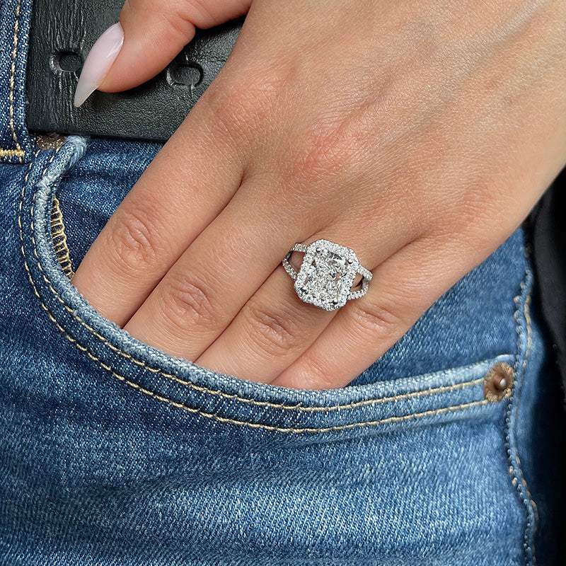 Split Shank Halo Radiant Cut Engagement Ring In Sterling Silver Shineofdiamond