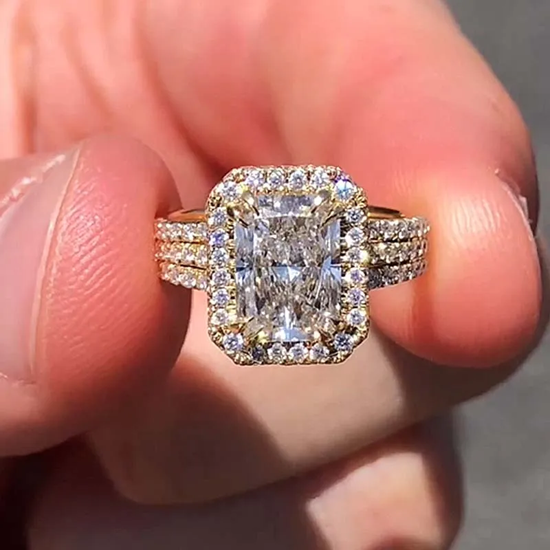 Halo Radiant Cut Split Shank Engagement Ring In Sterling Silver shineofdiamond