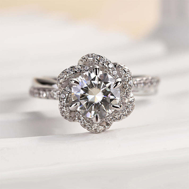 Beautiful Twist Design Flower Round Cut Engagement Ring in Sterling Silver shineofdiamond