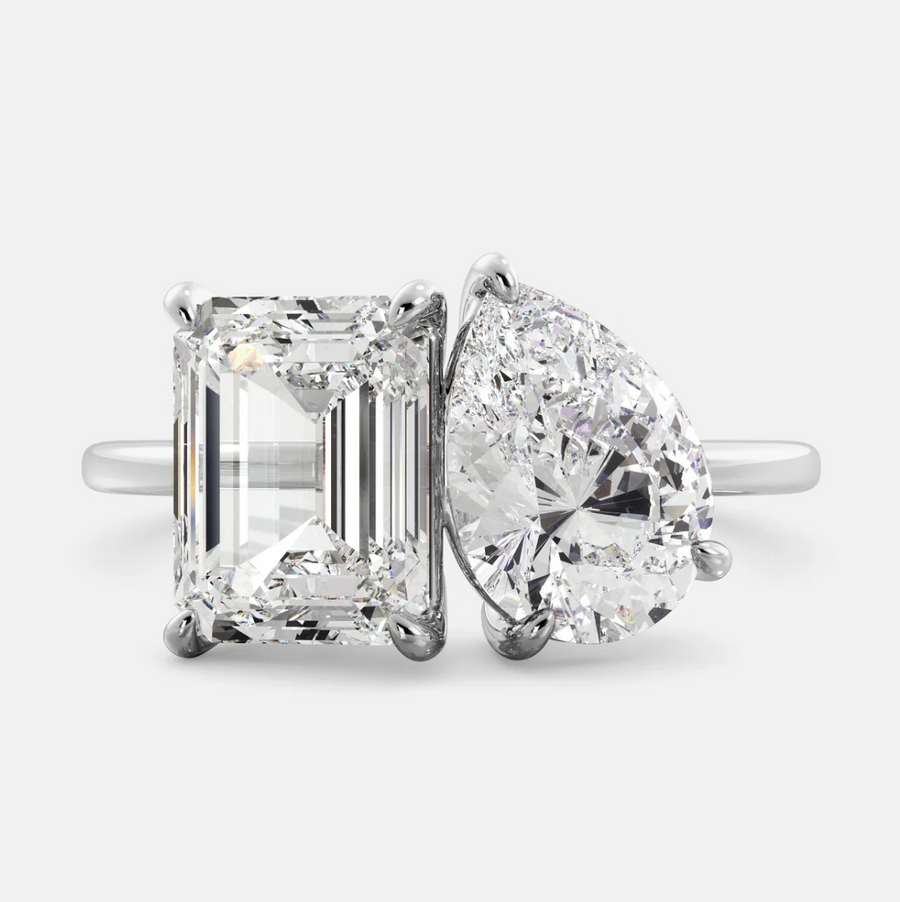 Two Stone Pear Cut & Emerald Cut Ring in Rose Gold/Golden Tone hot
