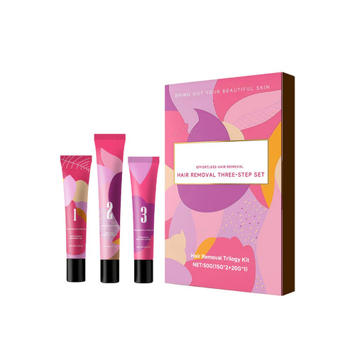 Velra hair removal trilogy kit with three topical tubes and box