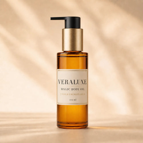 Veraluxe Magic Body Oil amber glass pump bottle