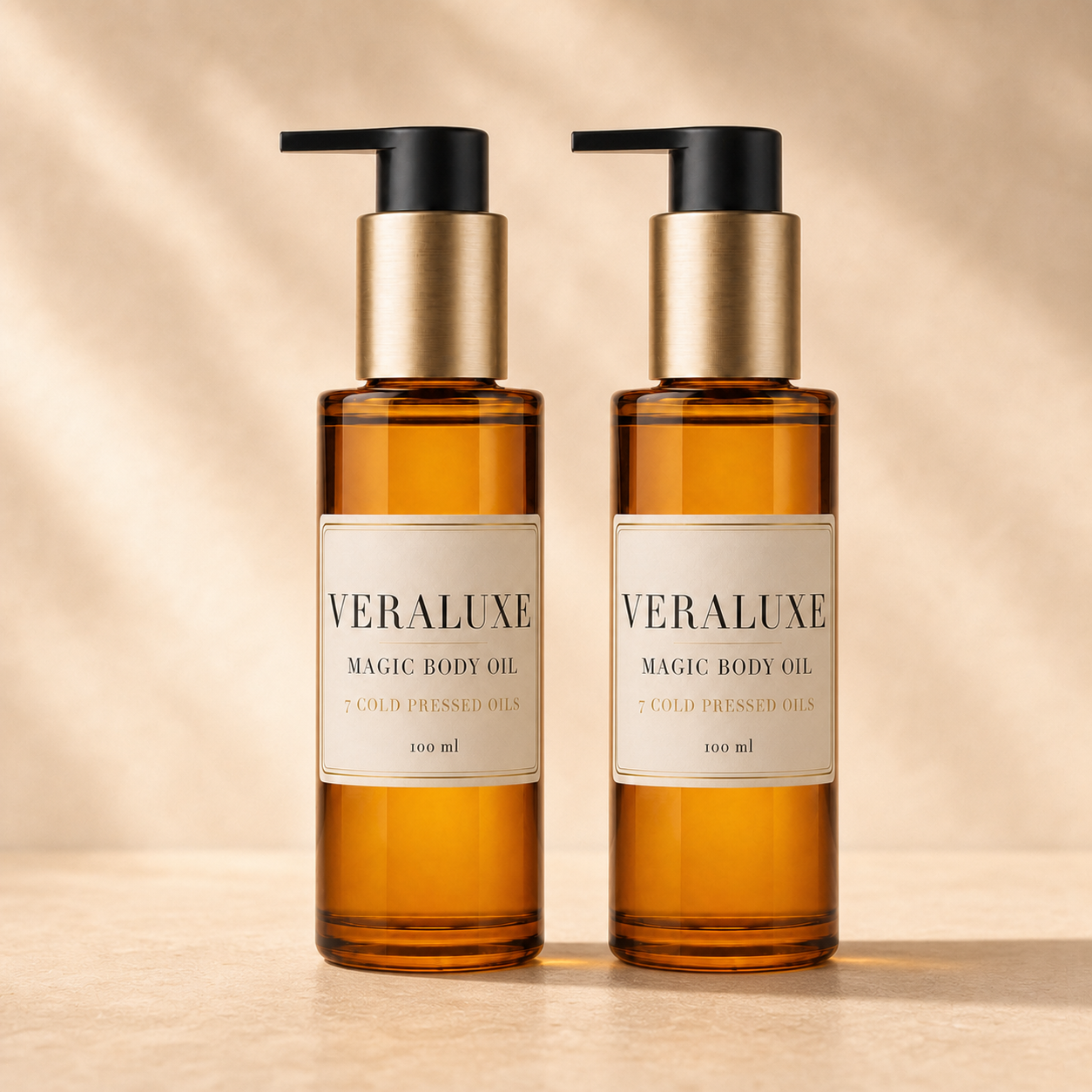 Two full-size Veraluxe Magic Body Oil pump bottles included in the two-bottle pack