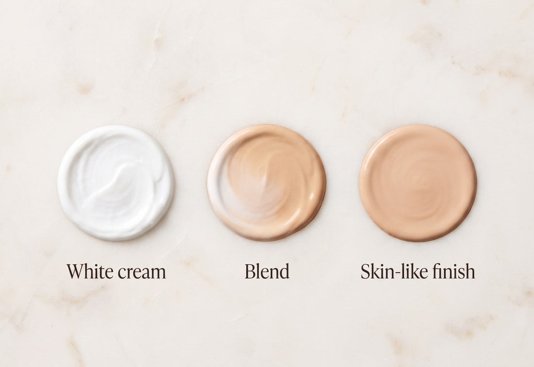 Viora foundation coverage that adjusts as you blend, three swatch stages from white cream to skin-like finish
