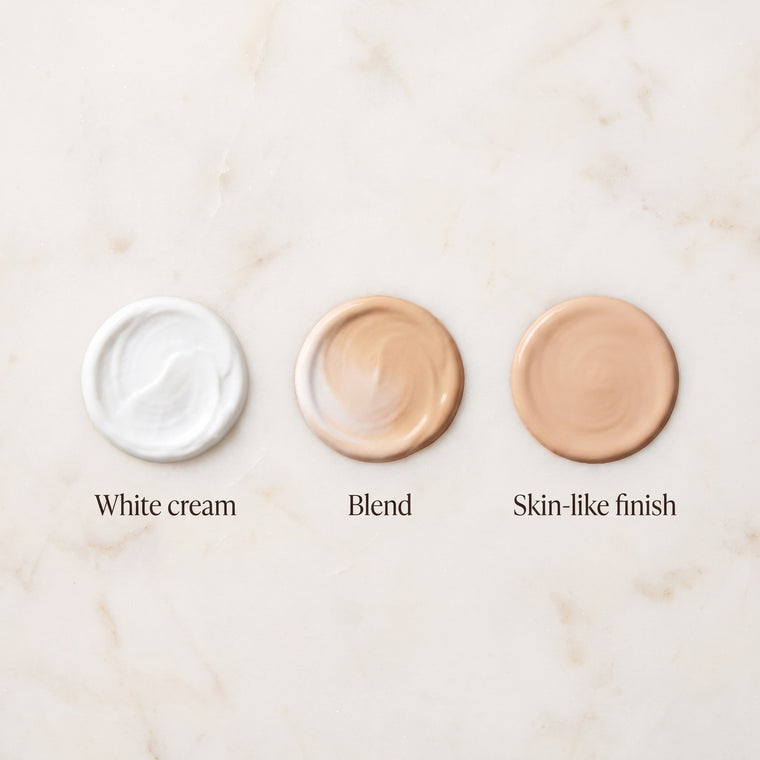 Viora foundation color-adapting finish shown in three steps: white cream, blend, skin-like finish