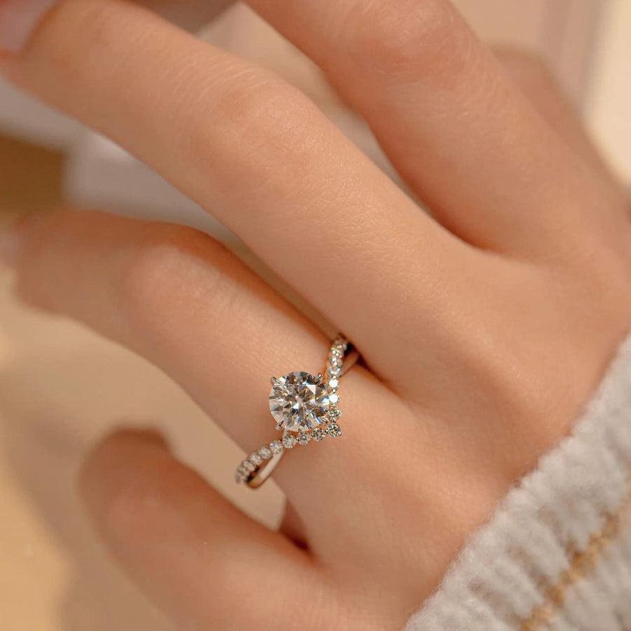 Round Cut V-Shaped Sterling Silver Engagement Ring Shineofidamond