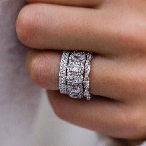 3PCS Cushion Cut  Wedding Band Set Twisted Band In Sterling Silver Shineofdiamond